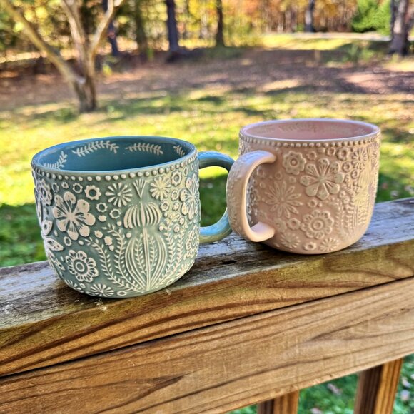 World Market “Jolly Hearts” Mugs, Lt Blue/White and Pink/White Floral Embossed - Picture 7 of 11